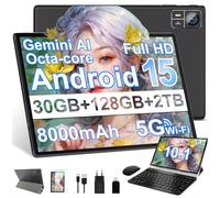 Tablet Android 15 da 10.1 pollici, Gemini AI, Widevine L1, Octa Core, 8000 mAh, 30 GB RAM + 128 GB ROM+2TB,GMS, BT5.0, Tablets Corpo in Metallo con Tastiera, Mouse, Custodia Protettiva -Nero