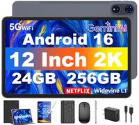Tablet da 12 pollici con tastiera, Android 16 Tablet con Gemini AI, 24 GB+256 GB+2 TB Expand, 2K Tablet PC con 8-Core, 8000mAh, 120Hz 1920x1200, 16+8MP, Tablet grandi 2 in 1 con custodia, mouse, stilo