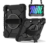 Tablet PC Caso Custodia compatibile con iPad Mini 7 (A17 Pro) 2024, antiurto, ibrida resistente, con supporto girevole, cinturino staccabile e portapenne integrato, rivestimento antigraffio in silicon