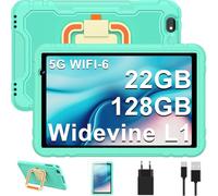Tablet per bambini Android 14 da 10 pollici, 22 GB RAM 128 GB ROM (TF 1TB), 2.4G + 5G WiFi6, 8000 mAh, Widevine L1, 8 Core 2.0 GHz, display HD 1280 x 800, Bluetooth 5.0, custodia girevole a 360°EVA