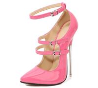 Tacchi a spillo da donna in pelle verniciata, 16 cm, tacchi alti, punta appuntita, con cinturino alla caviglia, tacchi a spillo con tacco in metallo, scarpe da ufficio, rosa rosa, 43 EU