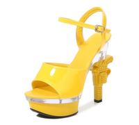 Tacchi Alti da 14 cm da Donna | Sandali Estivi Comodi con Punta Aperta e Cinturino alla Caviglia, con Tacco Spesso, per Matrimoni all'aperto, Feste, Balli di fine Anno, Discoteche,Giallo,38 EU