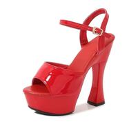 Tacchi Alti da 14 cm da Donna | Sandali Estivi Comodi con Punta Aperta e Cinturino alla Caviglia, con Tacco Spesso, per Matrimoni all'aperto, Feste, Balli di fine Anno, Discoteche,Rosso,35 EU