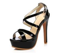 Tacchi con Piattaforma in Pelle Verniciata Donna Punta Aperta con Cinturini Incrociati Sandali Stiletto Tacchi Eleganti Glam da Festa per Festa Cocktail ed Evento Serale,Nero,39 EU