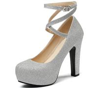 Tacchi da Sposa da Donna Scarpe con Tacco Alto da Donna, con Cinturino alla Caviglia, con Plateau, for Matrimonio, Ufficio, Festa, Taglia Grande(Silver,45)