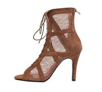 Tacchi Heels Dance Scarpe da Ballo Donna con Tacco in Rete Eleganti Heels Dance Bootie Decollete Scarpe con Tacco Donna con Lacci 7/10 cm per Partito Danza Performance (3-Brown 10CM, 38)