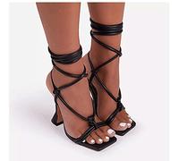 tacchi neri allacciati, tacchi a punta quadrata per donna stringati, tacchi a spillo alti aperti nodi punta quadrata sandali con lacci alla caviglia avvolgenti. Adatto per feste eleganti, tempo libero