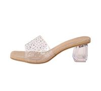 Tacchi Trasparenti per Donne Trasparenti Sandali a Blocchi di Strass di Strass Sandali grossi Sandali Quadrati Sandali Aperti in Punta di Piedi su Pantofole