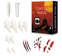 Tacilin Denti da Vampiro Adulti Bambini, 4 Paia Denti Vampiro, 3 Adesivi di Halloween, 1 Tubo Adesivo Pellet per Cosplay Party Puntelli Festa Halloween