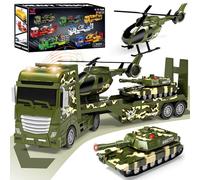 Tacobear 3 in 1 Camion Militare Giocattolo Bambini grande Giocattolo Veicoli con Elicottero Carro Armato Luci e Suoni Funzione, Camion Trasportatore Giocattolo Regalo per Bambini 2 3 4 5 6 anni