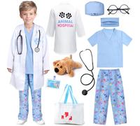 Tacobear Costume Dottore Bambini Valigetta del Medico Gioco di Ruolo Veterinario Dottore con Cane giocattolo Camice da Dottore Fancy Dress per Compleanno Partito Carnevale (Blu, 140)