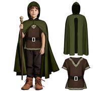 Tacobear Costume Medievale Bambino Costumi di Carnevale Mantello con Cappuccio Tunica Tshirt Cintura, Cavaliere Vichingo Arciere Mago Cosplay Feste Compleanno Vestito Carnevale (140, 9-10 anni)