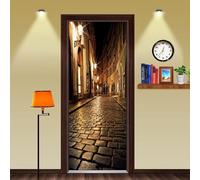 TACOKI Adesivi per Porte Strada Retrò Vista Notturna Adesivo Porta Autoadesiva Sticker Murale Carta da Parati Decorazione Parete Soggiorno Camera da Letto Poster Parati 88x200 cm 2875z