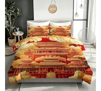 TACOKI Copripiumino Singolo Palazzo 135x200 cm Microfibra | Microfibra Morbida e Traspirante, Motivo Cina, Design Reversibile, 2 Federe 50x80 cm, Cerniera Invisibile