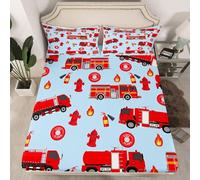 TACOKI Lenzuolo Matrimoniale con Angoli Camion Dei Pompieri, 3D Vigili del Fuoco Lenzuola Letto, Coprimaterasso 150x200x30 Microfibra Morbido e 2 Federe per Letti Singoli o Matrimoniali c690