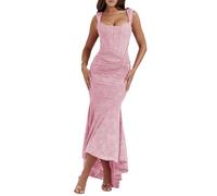 TACSTRUN Abito Corsetto Sexy Tubo Superiore Spaghetti Cinghia Midi Vestito Basso Taglio Flowy Floreale Orlo Formale Abiti,Rosa,L