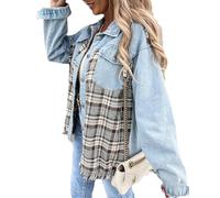 TACSTRUN Giacca Jean Patchwork Scozzese Femminile Orlo Sfilacciato in Difficoltà,Blu,L