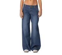 TACSTRUN Jeans a Gamba Larga gessati a Vita Bassa da Donna Pantaloni in Denim Larghi Vintage alla Moda,Blu,L