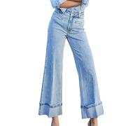 TACSTRUN Jeans Elasticizzati a Vita Alta da Donna Jeans in Denim a Gamba Larga con Perline alla Moda con Orlo Arrotolato,Blu,L