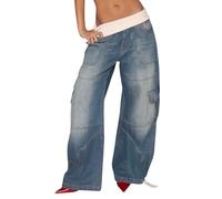 TACSTRUN Jeans Larghi Larghi alla Moda da Donna Pantaloni in Denim a Vita Alta lavati Vintage,Blu,S