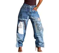 TACSTRUN Jeans Larghi Stampati Patchwork Vintage a Vita Alta da Donna Pantaloni in Denim alla Moda,Blu,L