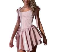 TACSTRUN Mini Corsetto Corto Sexy Donna Spaghetti Strap Basso Taglio Pesce Splicing A-Linea Cocktail Party Abiti,Rosa,S