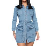 TACSTRUN Miniabito Sexy in Denim Aderente da Donna, Abito di Jeans a Maniche Lunghe con Bottoni sul Davanti e Cintura,Blu,L