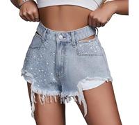 TACSTRUN Pantaloncini Jeans a Vita Alta da Donna, Pantaloncini in Denim con Orlo sfilacciato, Strass Effetto Consumato, Pantaloncini Casual Estivi,Blu,M