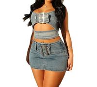 TACSTRUN Sexy 2 Pezzi Denim Gonna Set Spaghetti Cinghia Corsetto Top Bodycon Mini Denim Gonna Donna con Cintura Regolabile,Blu,M