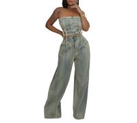 TACSTRUN Sexy Denim Due Pezzi Abiti Tubo Superiore Tank Top Vita Alta Sciolto Afflitto Gamba Larga Jeans Tuta Set,Blu,L