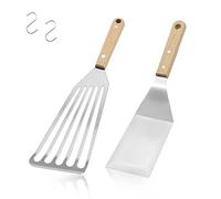 TACYKIBD - Spatola per pesci, in acciaio inox, con manico in legno e ganci, spatola in metallo scanalato da 30,5 cm, per friggere, grigliare, cucinare uova di pesce, carne patatine fritte