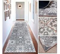 Tadi & Imperio1979 Tappeto corridoio in vinile con motivo floreale vintage in grigio anticato e bianco per cucina, lavanderia, WC, camere da letto con retro in PVC antiscivolo, 60 x 700 cm.