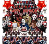 Taeku Decorazioni per feste di compleanno horror - Kit a tema Halloween da 50 pezzi con striscione, palloncini, topper per torte, sfondo e tovaglia - Forniture per feste spaventose per bambini e