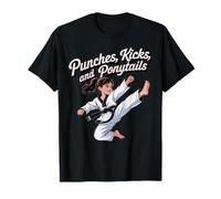 Taekwondo Girl Black Belt Punches Kicks Coda di cavallo Karate Maglietta