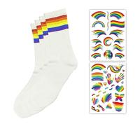 TAFACE 2 paia di calzini arcobaleno con 2 adesivi tatuaggio arcobaleno, calzini in cotone con motivo arcobaleno, calzini casual retrò per sport all'aria aperta, escursionismo (bianco)