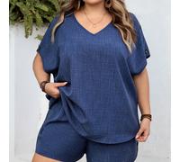 Taglia curvy US22 Set casual da 2 pezzi con top decorato con bottoni e pantaloncini a vita elastica, outfit versatile adatto per all'aperto e uso quotidiano, abbigliamento estivo da donna, adatto per 