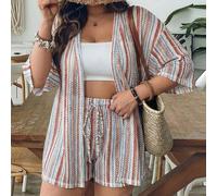 Taglia curvy US22 Set da 2 pezzi composto da top kimono a maniche a dolman e pantaloncini larghi a righe, adatto per festival musicali, vacanze al mare, stile bohémien 5XL,6XL,7XL,8XLquadriTessuto int