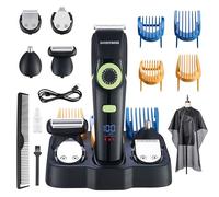 Tagliacapelli da uomo BarberBoss, kit per la cura di barba, orecchie e naso, quadrante di precisione, lama in ceramica, 4 pettini, impermeabile, display a LED e chiusura da viaggio, QR-6085
