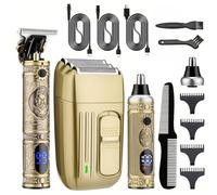 Tagliacapelli da uomo, con lama a T ricaricabile e rasoio a lamina, rasoio senza fili, per naso e orecchie, kit professionale per la cura dei capelli con display a LED (oro)