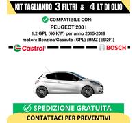 Tagliando 3 Filtri BOSCH e 4 Lt CASTROL per PEUGEOT 208 I 1.2 GPL 60 kw Benzi...