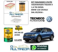 TAGLIANDO 3 FILTRI E OLIO BARDAHL XFS AV504 5W30 VW TIGUAN 1.6 TDI 85KW 116 CV