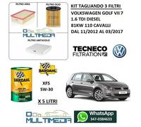 TAGLIANDO 3 FILTRI OLIO BARDAHL XFS AV504 5W30 VW GOLF 7 VII 1.6 TDI 81KW 110 CV