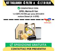 Tagliando per OPEL Meriva B Van 1.3 CDTi 70 kw - 4 Lt di TOTAL + 4 Filtri ann...