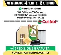 Tagliando per VW California T6 Camper 2.0 TDI 81 kw - 8 Lt di Castrol + 4 Fil...