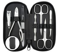 Tagliaunghie Set Professionale - Kit da 7 Pezzi Made in Germany. Include Forbicine, Tronchesina robusta, strumenti di qualità ed Etui in Similpelle look Carbonio. Perfetto per viaggi e cura personale