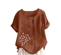 Taglie Forti Donna Abbigliamento Camicie Elegante Cotone e Lin Camice Bianca Tshirt Magliette Manica Corta Maglia con Bottoni Scollo a V Leggera Tinta Unita Bluse con Bottoni Camicetta Curvy