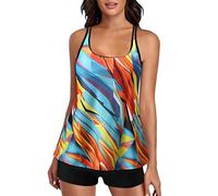 Taglie Forti Stampa Tropicale Ciano Cinturino Largo Top Costumi da Bagno per Le Donne Costumi da Bagno a Due Pezzi Controllo della Pancia Canottiere con Torso Lungo con Culotte Costume A Calzoncino