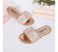 Taglie UE 26-36 Sandali piatti glamour dorati per ragazze, con eleganti inserti di strass blu, rosa e verdi e perle, tomaia in pelle sintetica, suola morbida antiscivolo, adatti per spiaggia estiva, f