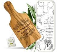 Tagliere con manico personalizzato, in legno d'ulivo rustico, con incisione come regalo di nozze personalizzato (30 cm)