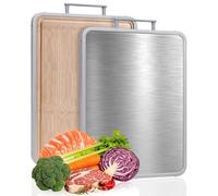 Tagliere da cucina 40 x 30 cm, in acciaio inossidabile/bambù, pre-oliato, in legno di bambù, con scanalatura per succhi per intagliare carne, pesce, verdura, frutta, formaggio, pane (acciaio